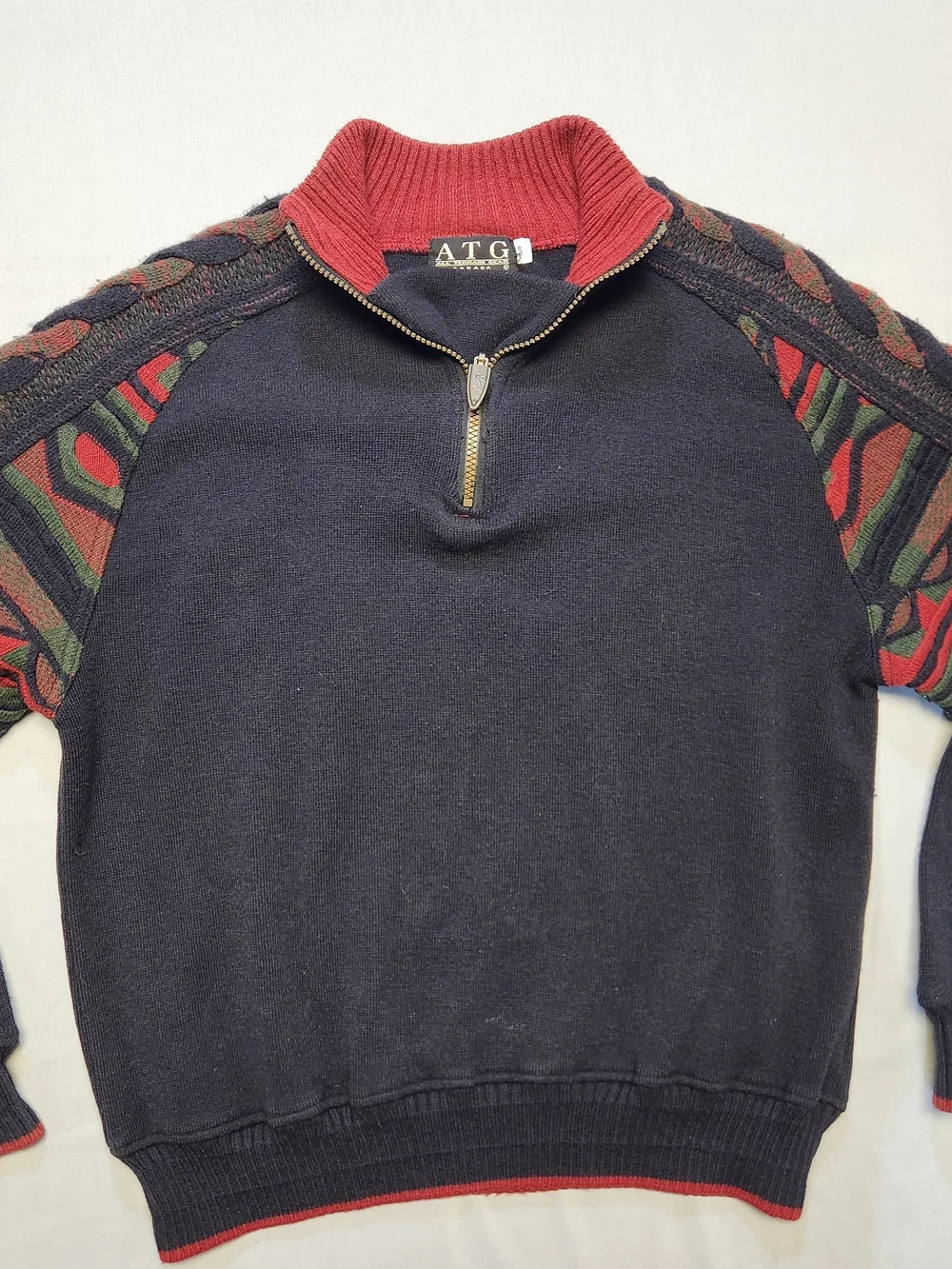 ATG All Terrain Gear 1/4 Zip Sweater Crochet 3D Knit Coogie Sleeves Men's S Y2K